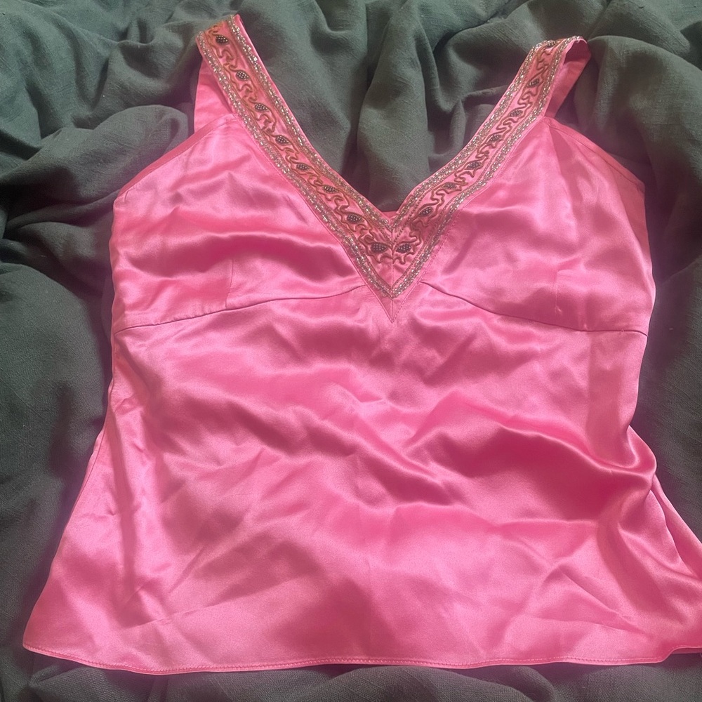 Vintage Y2K Vibrant Pink Silk Beaded Tank Medium Butterfly Paris Babydoll - Picture 9 of 9